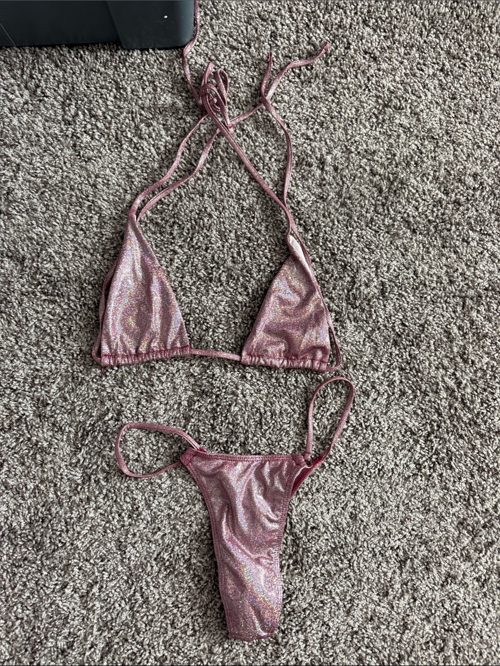 Shimmery Pink Triangle String Bikini Set
